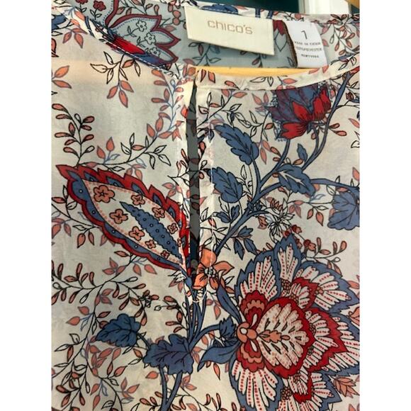 CHICO'S Cream Chinoiserie Pattern Keyhole Sheer Blouse 3/4 Sleeves Size 1, Small - Picture 3 of 9